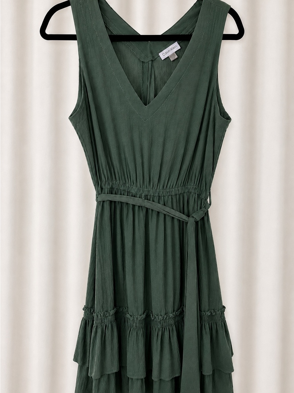 Calvin Klein Dark Green Tiered V-Neck Midi Dress